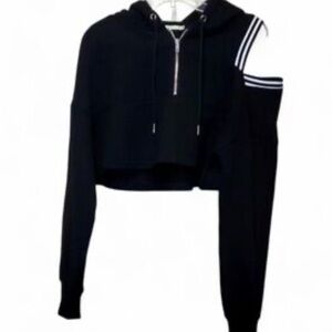 Emma & Sam Quarter Zip Crop Hoodie Cut Out Shoulder Black Stripe M